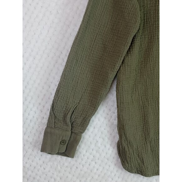 Bibi Crinkle Gauze Button Up High Low Shirt Olive Green Women's Small - Picture 11 of 13